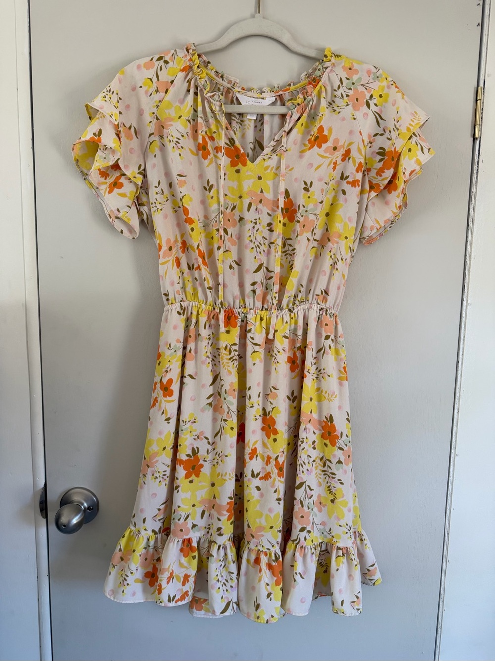 LC Lauren Conrad Floral Tie-Neck Sundress in Peach, Yellow & Olive